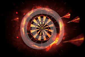 Dart board target in burning flames close up on dark brown background. Classical sport equipment as conceptual 3D illustration.