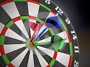 Dart board with three darts in the center