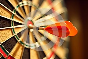 A dart on center of dart board, white background, goal business concept, AI generated