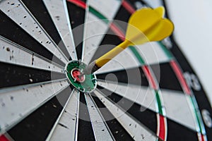Dart in the center of a shooting target. Yellow dart