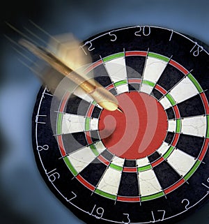 Dart heading for Dartboard with a large bulls eye.