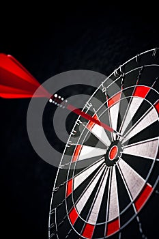 Dart hitting red target in the center of dart. Generative AI