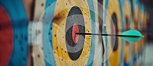 A dart pierces the red bullseye on a bright, multicolored dartboard, with blurred dartboards in the background.