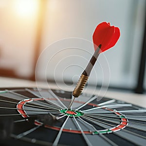 A dart is precisely embedded in the bullseye of a dartboard