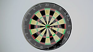 Dart strikes the bulls-eye of a dartboard