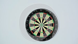 A dart strikes the bulls-eye of a dartboard