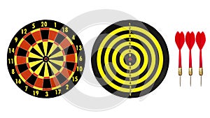 Dart target board and red dart arrow on white background.