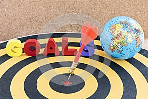Dart target in bullseye on dartboard with goals and globe