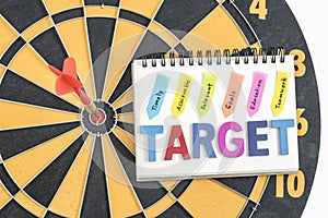 Dart target in bullseye with words target on the notebook with h