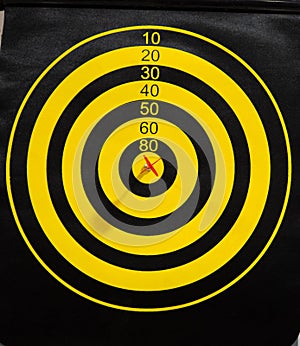 Dartboard with dart arrow in bullseye, close up