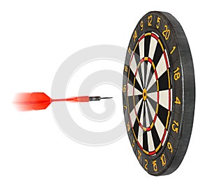 Dartboard with dart flying in aim