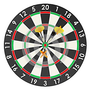 Dartboard with darts in bullseye, front view. 3D rendering