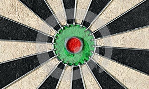 Dartboard showing the red bullseye in the center. Aiming and precision goal setting concept