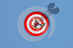 Darts 3d render on a blue background. Three multi-colored darts hit the center of the target. Long harsh shadow from the
