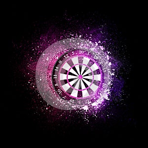 Darts board flying in violet particles.