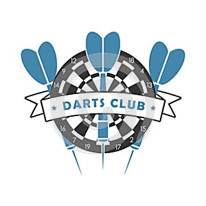 Darts club logo. Template for sport emblem with dart, dartboard and ribbon. Vector.