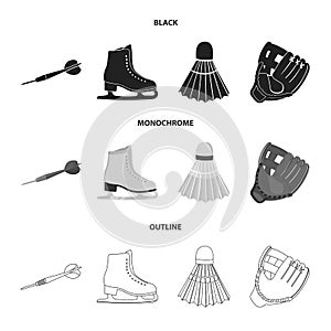 Darts darts, white skate skates, badminton shuttlecock, glove for the game.Sport set collection icons in black