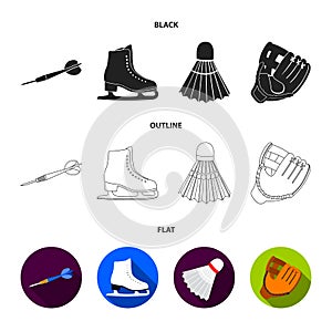 Darts darts, white skate skates, badminton shuttlecock, glove for the game.Sport set collection icons in black,flat