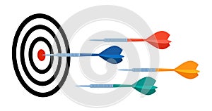 Darts hit to center of dartboard. Arrow on bullseye in target. Business success, investment goal, opportunity challenge, aim