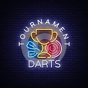 Darts Tournament neon sign. Vector illustration. Bright nightly Darts advertising, neon logo, symbol, lightweight banner