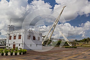 Darul Hana Bridge and Square Tower in the center of Kuching, Malays