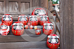 Daruma dolls at Achi Shrine in Kurashiki, Okayama, Japan. Shrines have a history of over 400 years