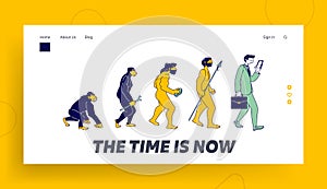 Darwin Theory Website Landing Page. Human Evolution of Monkey to Modern Business Man with Smartphone