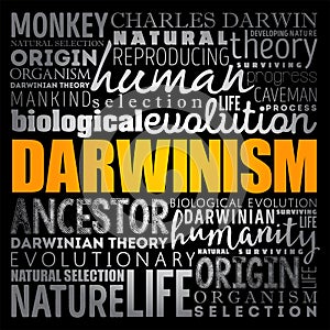 Darwinism - is a theory of biological evolution developed by the English naturalist Charles Darwin, word cloud education concept