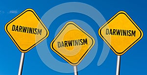 Darwinism - yellow signs with blue sky