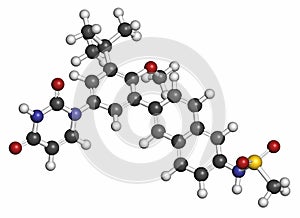 Dasabuvir hepatitis C virus drug molecule. Atoms are represented as spheres with conventional color coding: hydrogen (white),