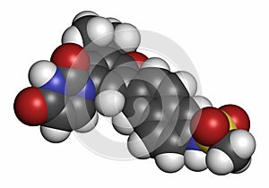 Dasabuvir hepatitis C virus drug molecule. Atoms are represented as spheres with conventional color coding: hydrogen (white),