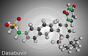 Dasabuvir molecule. It is antiviral drug used to treat hepatitis C virus, HCV, infections. Molecular model. 3D rendering
