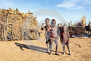 Dasanesh children in village, Omorate, Omo Valley, Ethiopia