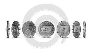 Dash coin shown from seven angles isolated on white background. Easy to cut out and use particular coin angle