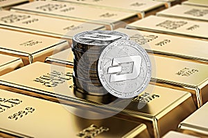 Dash coins laying on stacked gold bars gold ingots rendered with shallow depth of field. Concept of highly desirable cryptocurre photo