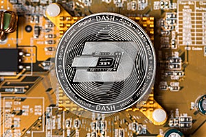 Dash crypto coin on a mainboard