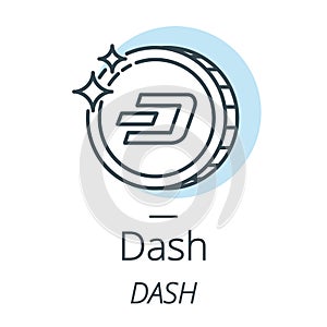 Dash cryptocurrency coin line, icon of virtual currency