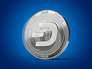 Dash cryptocurrency concept coin with new, 2019 updated logo. Isolated on blue background. 3D rendering