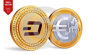 Dash. Euro. 3D isometric Physical coins. Digital currency. Cryptocurrency. Golden coins with Dash and Euro symbol isolated on whit