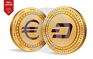 Dash. Euro coin. 3D isometric Physical coins. Digital currency. Cryptocurrency. Golden coins with Dash and Euro symbol isolated on