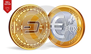 Dash. Euro coin. 3D isometric Physical coins. Digital currency. Cryptocurrency. Golden coins with Dash and Euro symbol isolated on