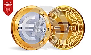 Dash. Euro coin. 3D isometric Physical coins. Digital currency. Cryptocurrency. Golden coins with Dash and Euro symbol isolated on