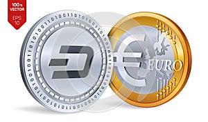 Dash. Euro coin. 3D isometric Physical coins. Digital currency. Cryptocurrency. Golden and silver coins with Dash and Euro symbol