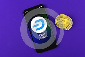 DASH symbol. Trade with cryptocurrency, digital and virtual money, banking with mobile phone concept. Business workspace