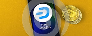 DASH symbol. Trade with cryptocurrency, digital and virtual money, banking with mobile phone concept. Business workspace