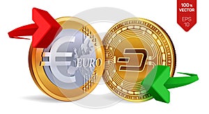 Dash to Euro currency exchange. Dash. Euro coin. Cryptocurrency. Golden coins with Dash and Euro symbol with green and
