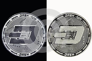 White Dash coin on a black background and a black coin on a white background.