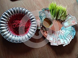 Dashain festival, Tika, jamara, tikako thali and money.