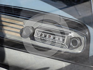 Dashboard of a classic vintage car . Car radio close up . Nostalgia concept