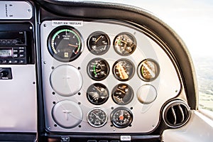 Dashboard Cockpit of a Twoseater Airplane in Flight